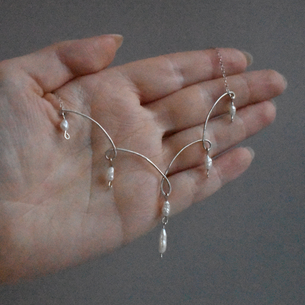 Small White Pearl Sterling Silver Necklace, Earrings, and Bracelet Set