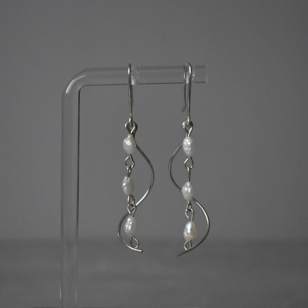 Small White Pearl Triple Cascade Sterling Silver Earrings