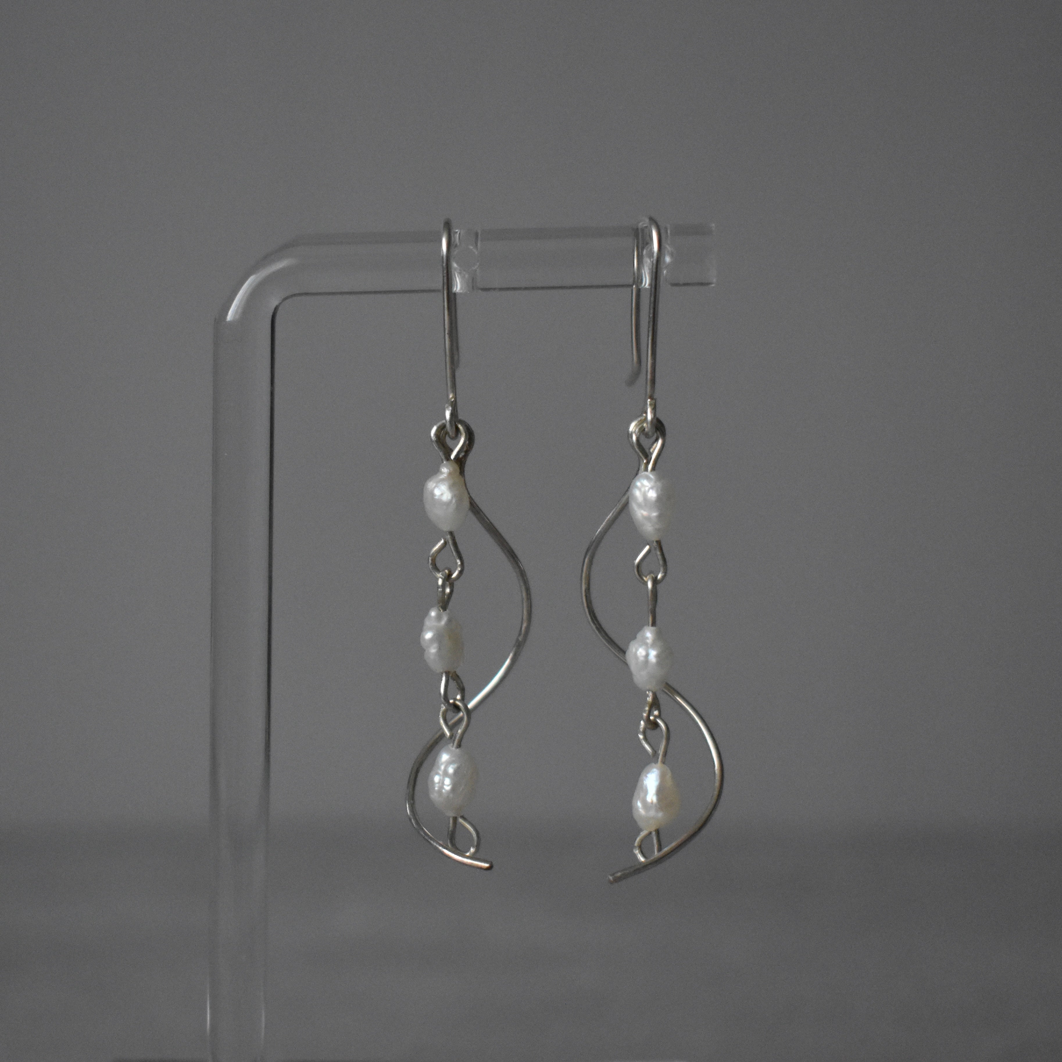 Small White Pearl Triple Cascade Sterling Silver Earrings