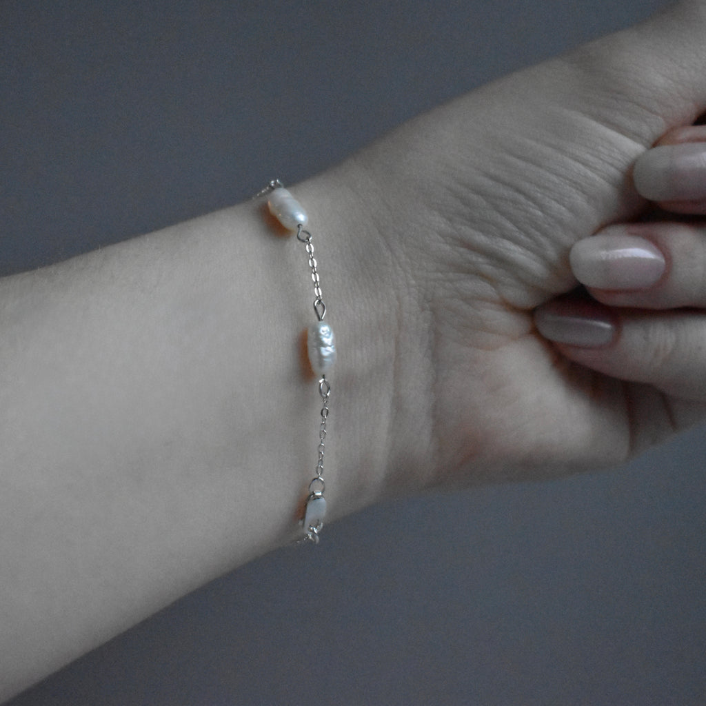 Small White Pearl Chain Bracelet Sterling Silver