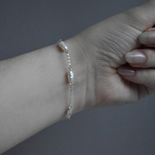 Small White Pearl Chain Bracelet Sterling Silver