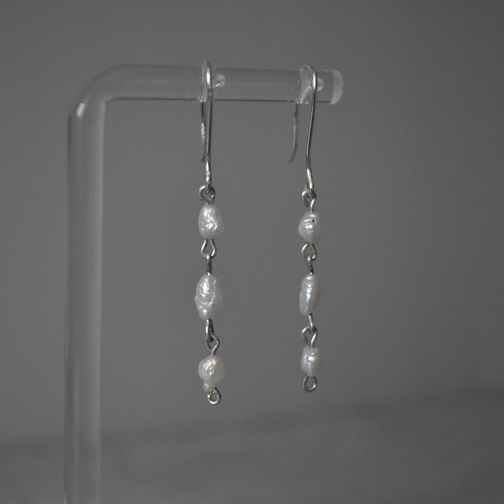 Small White Pearl Triple Dangle Earrings Sterling Silver