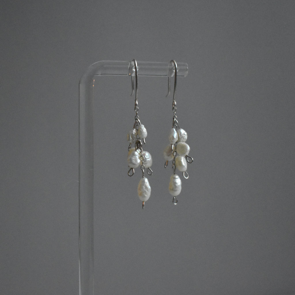 Small White Pearl Cluster Sterling Silver Earrings