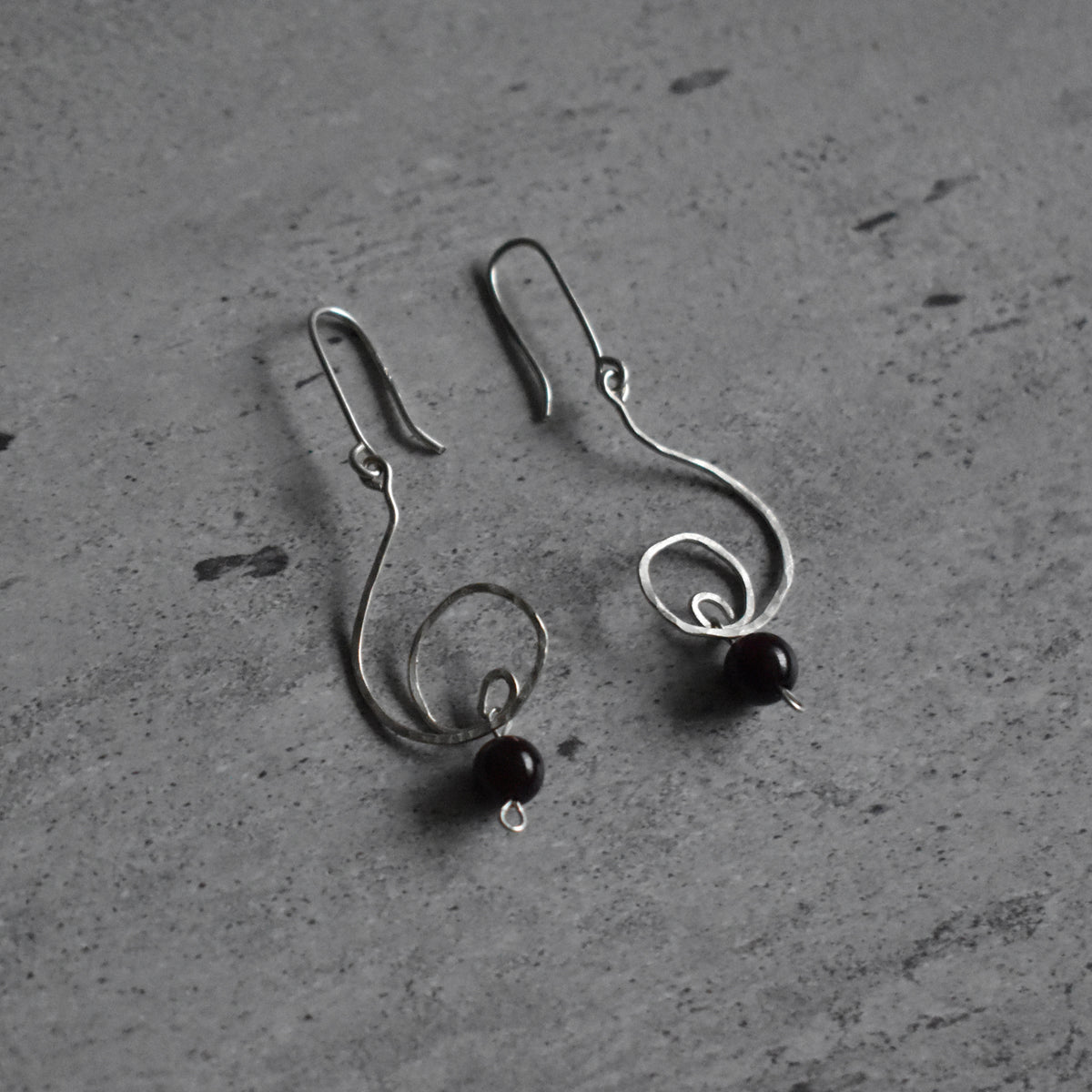 Garnet Spiral Hammered Earrings