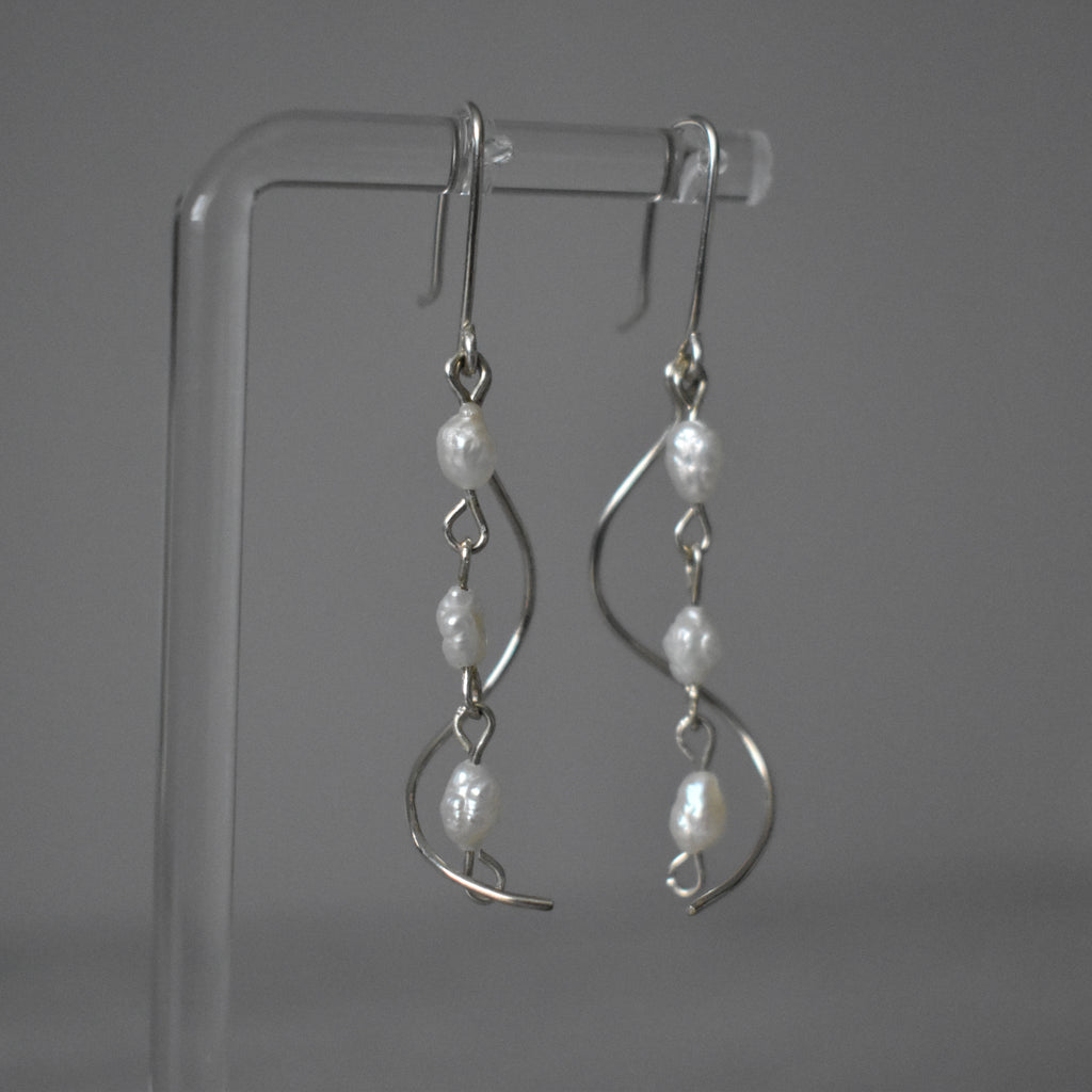 Small White Pearl Triple Cascade Sterling Silver Earrings