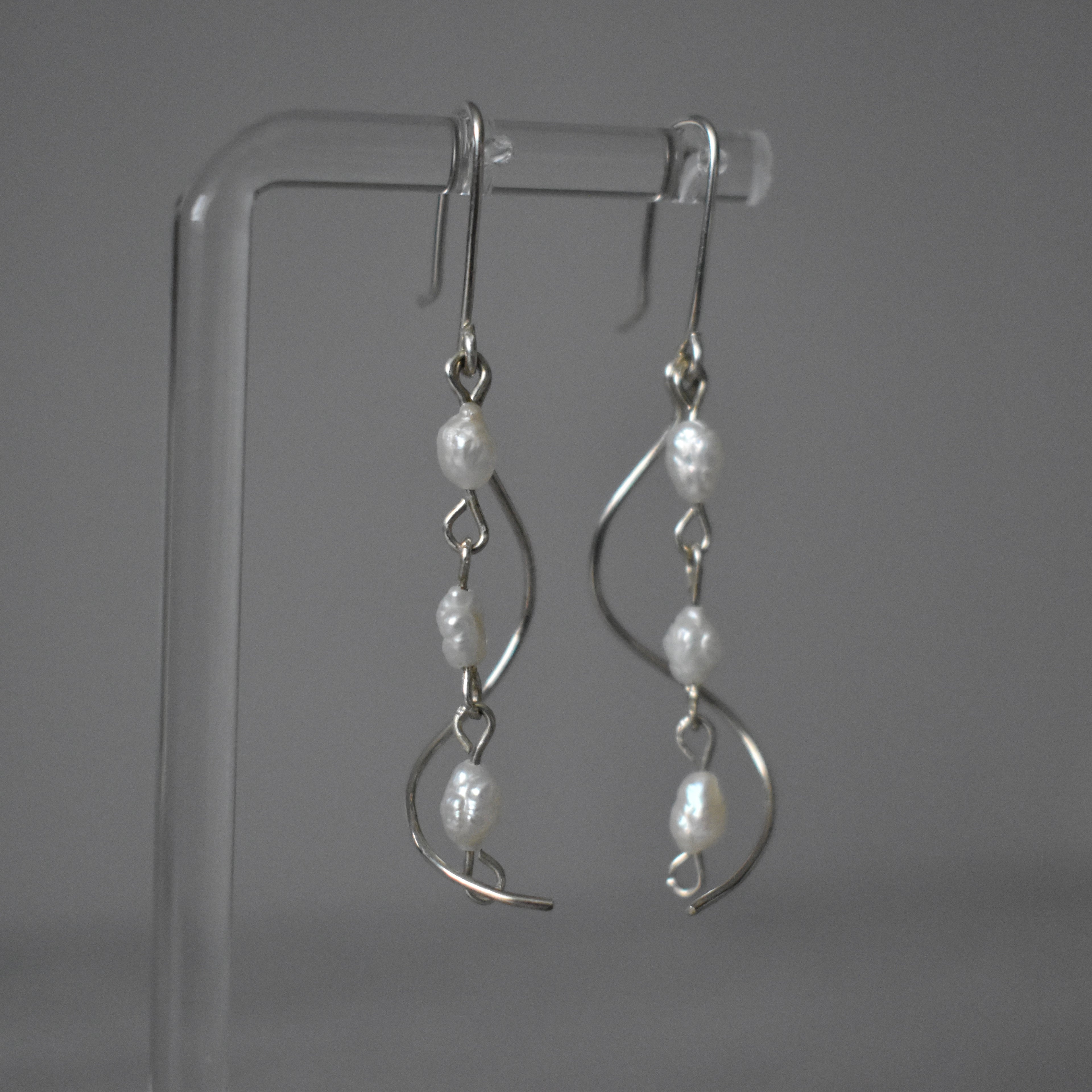 Small White Pearl Triple Cascade Sterling Silver Earrings