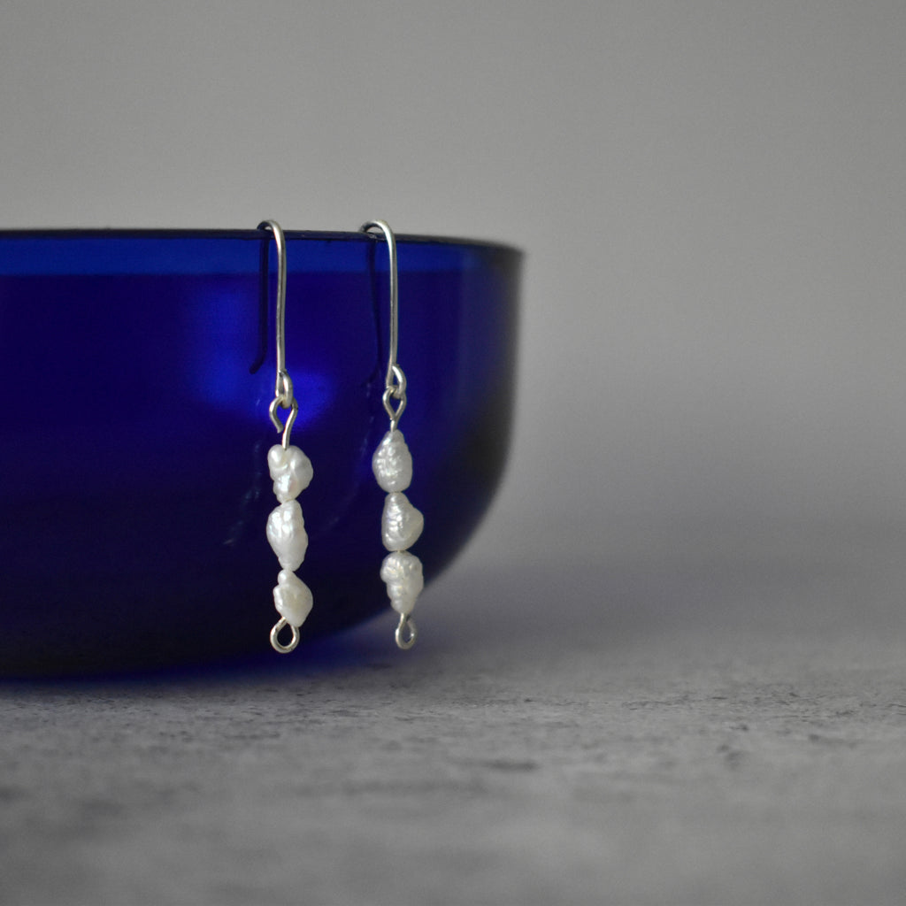 Small White Pearl Triple Drop Earrings Sterling Silver