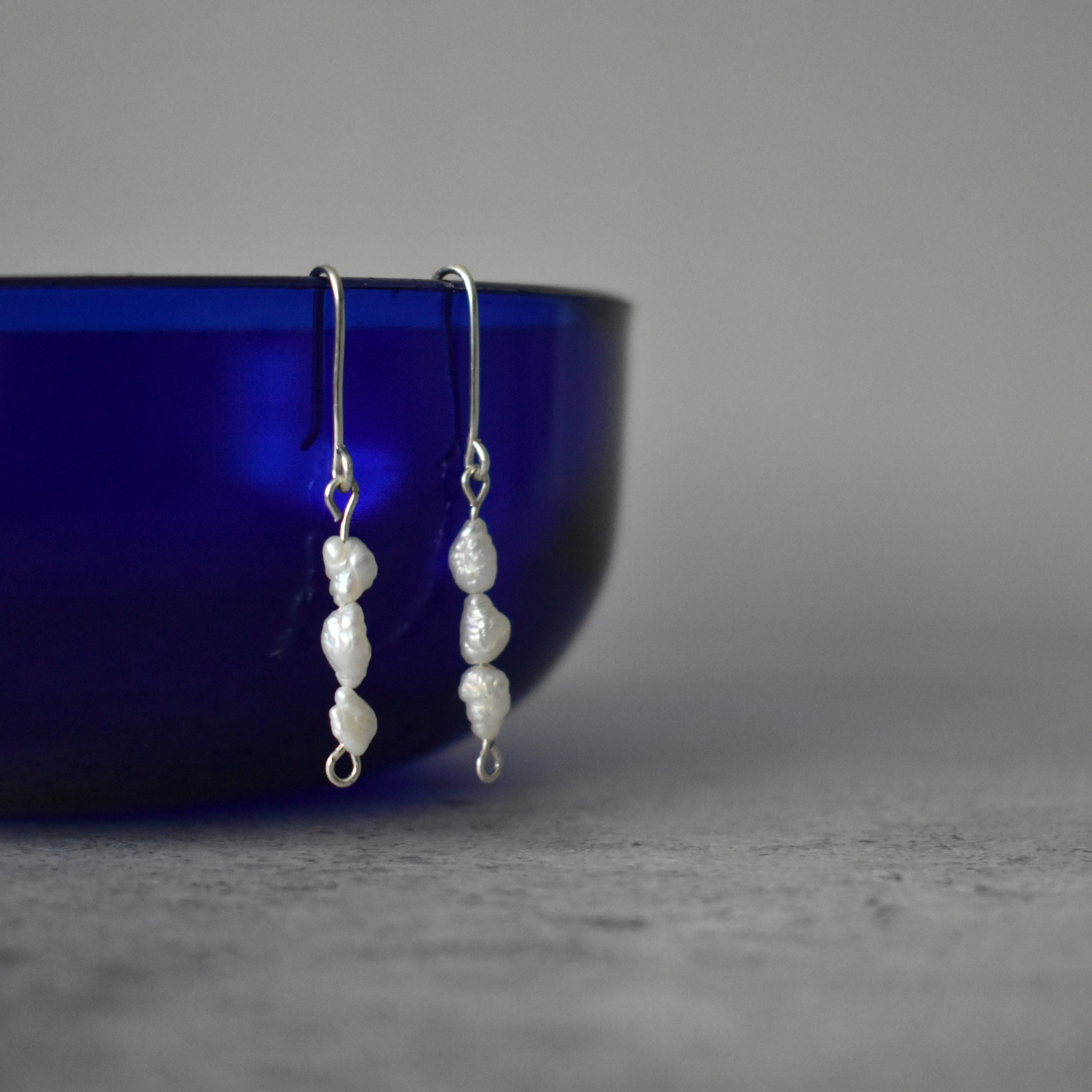 Small White Pearl Triple Drop Earrings Sterling Silver