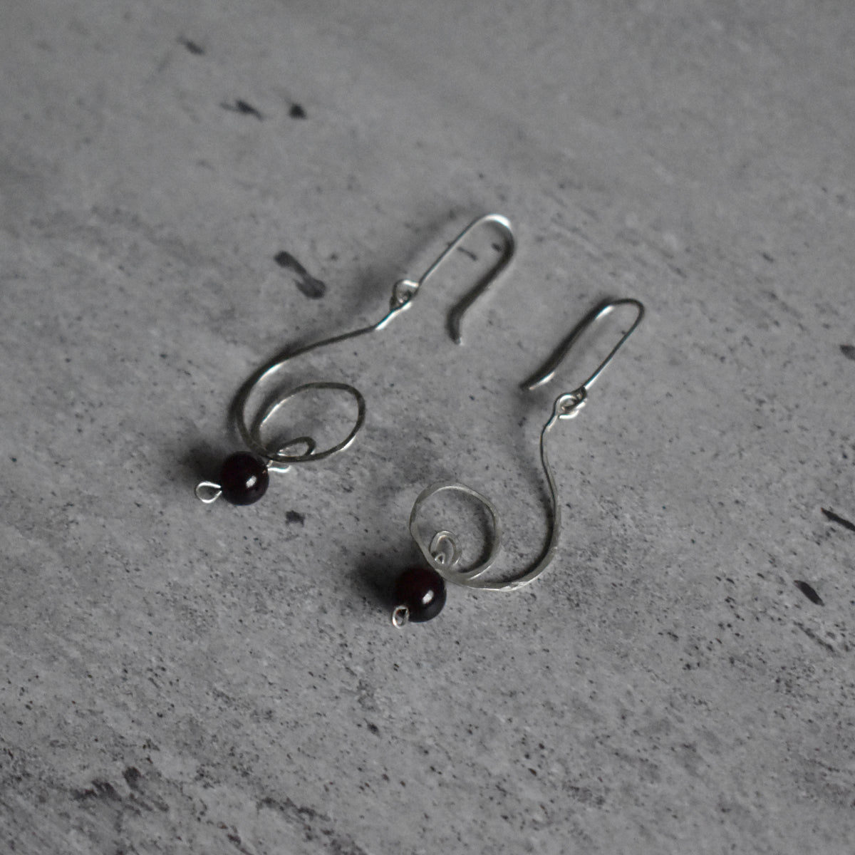 Garnet Spiral Hammered Earrings