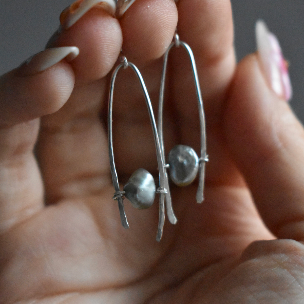 Light Blue Pearl Hammered Earrings
