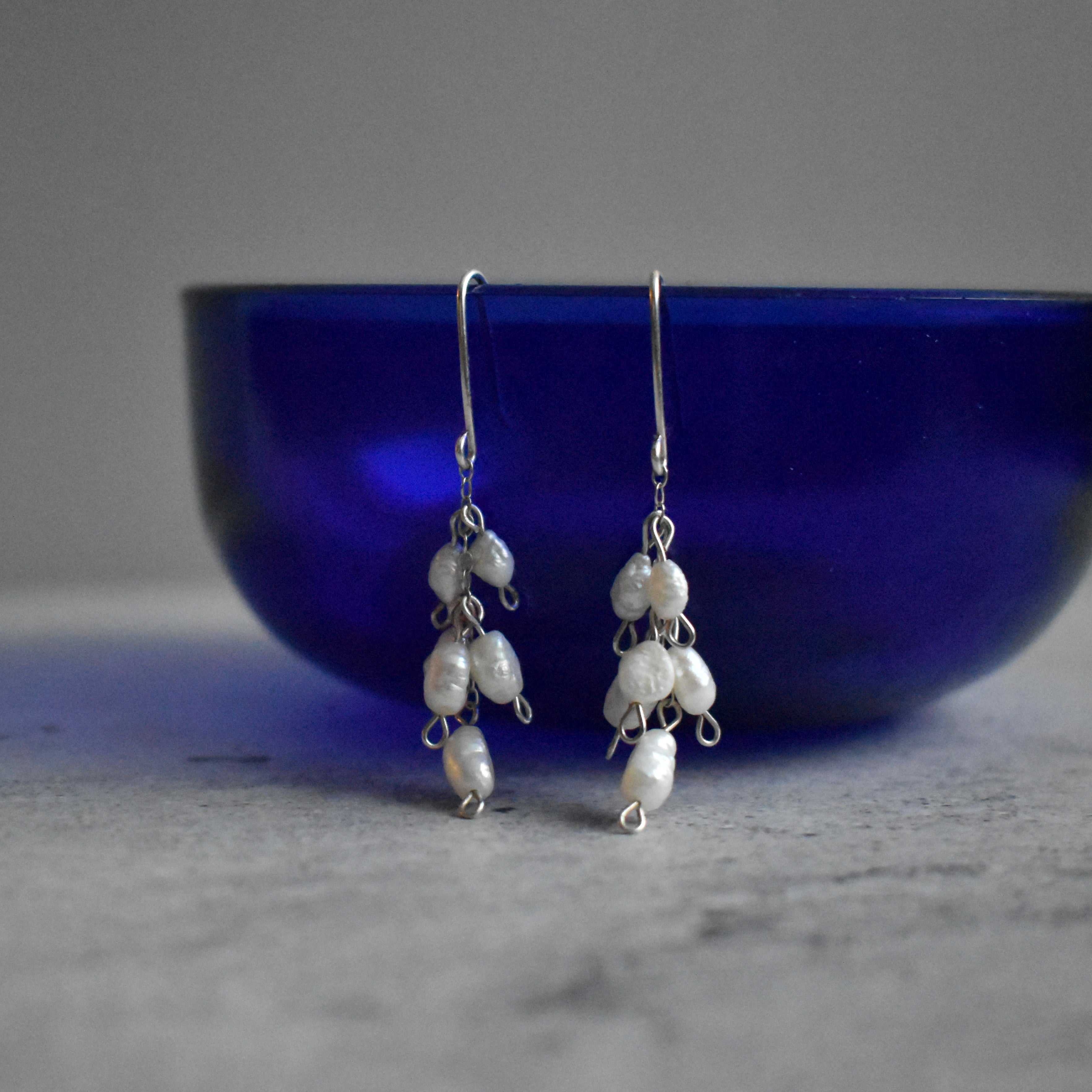 Small White Pearl Cluster Sterling Silver Earrings