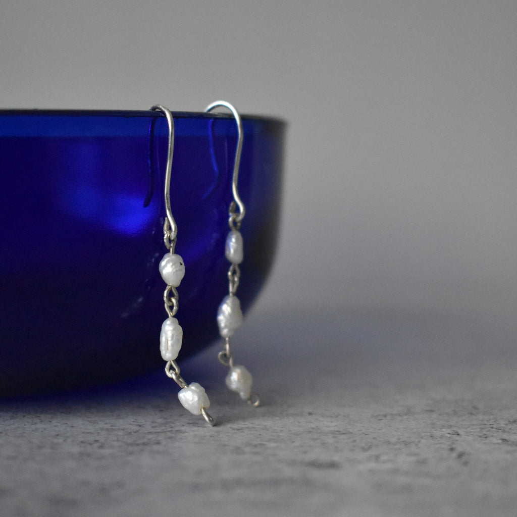 Small White Pearl Triple Dangle Earrings Sterling Silver