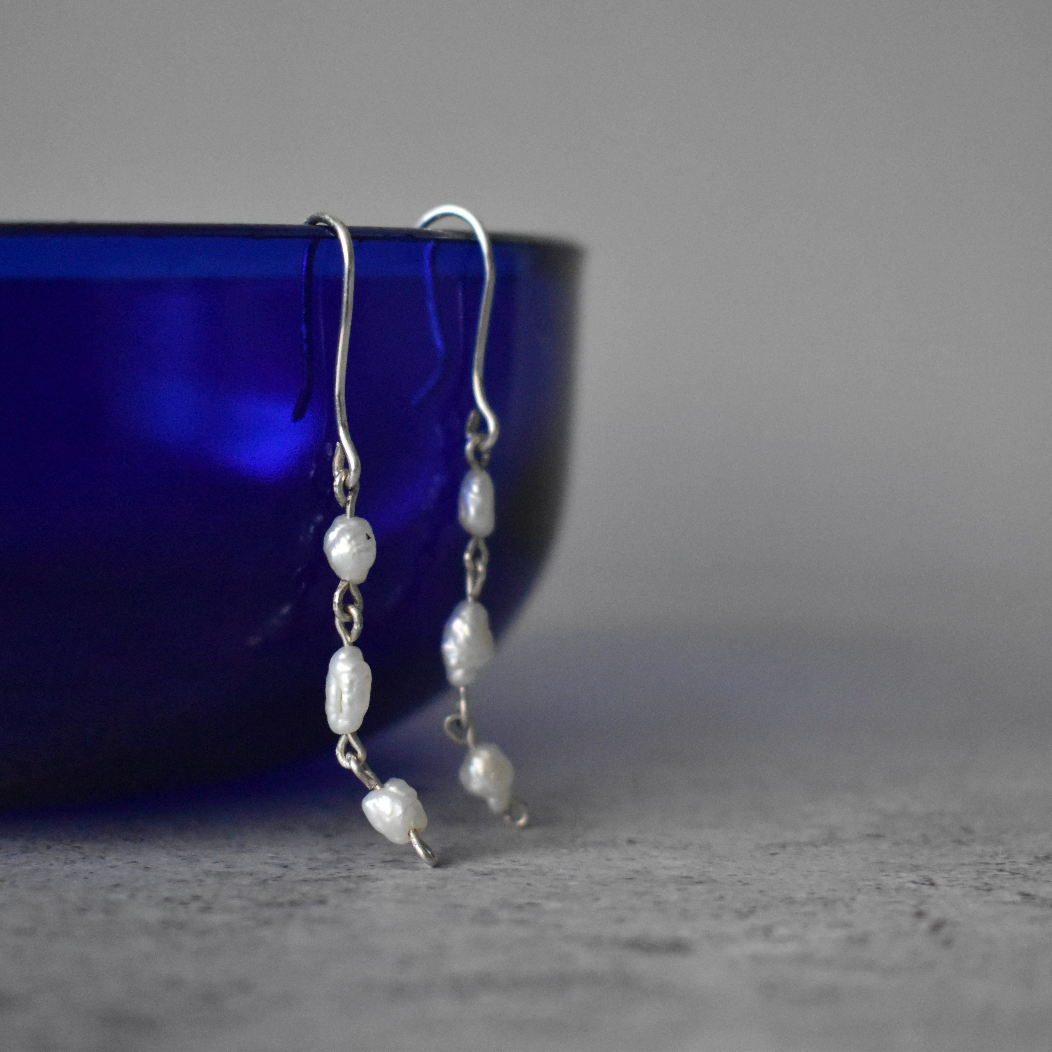 Small White Pearl Triple Dangle Earrings Sterling Silver
