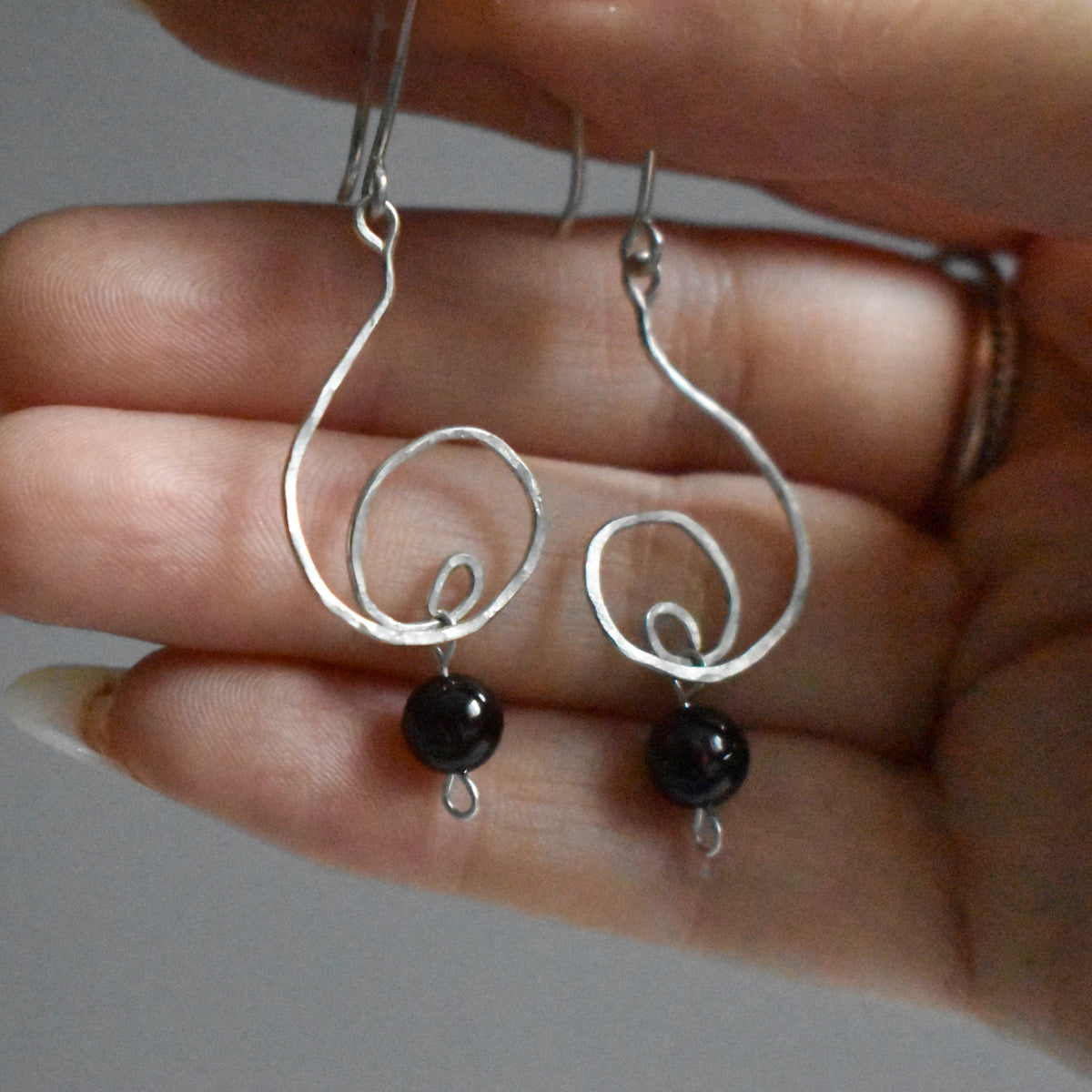 Garnet Spiral Hammered Earrings