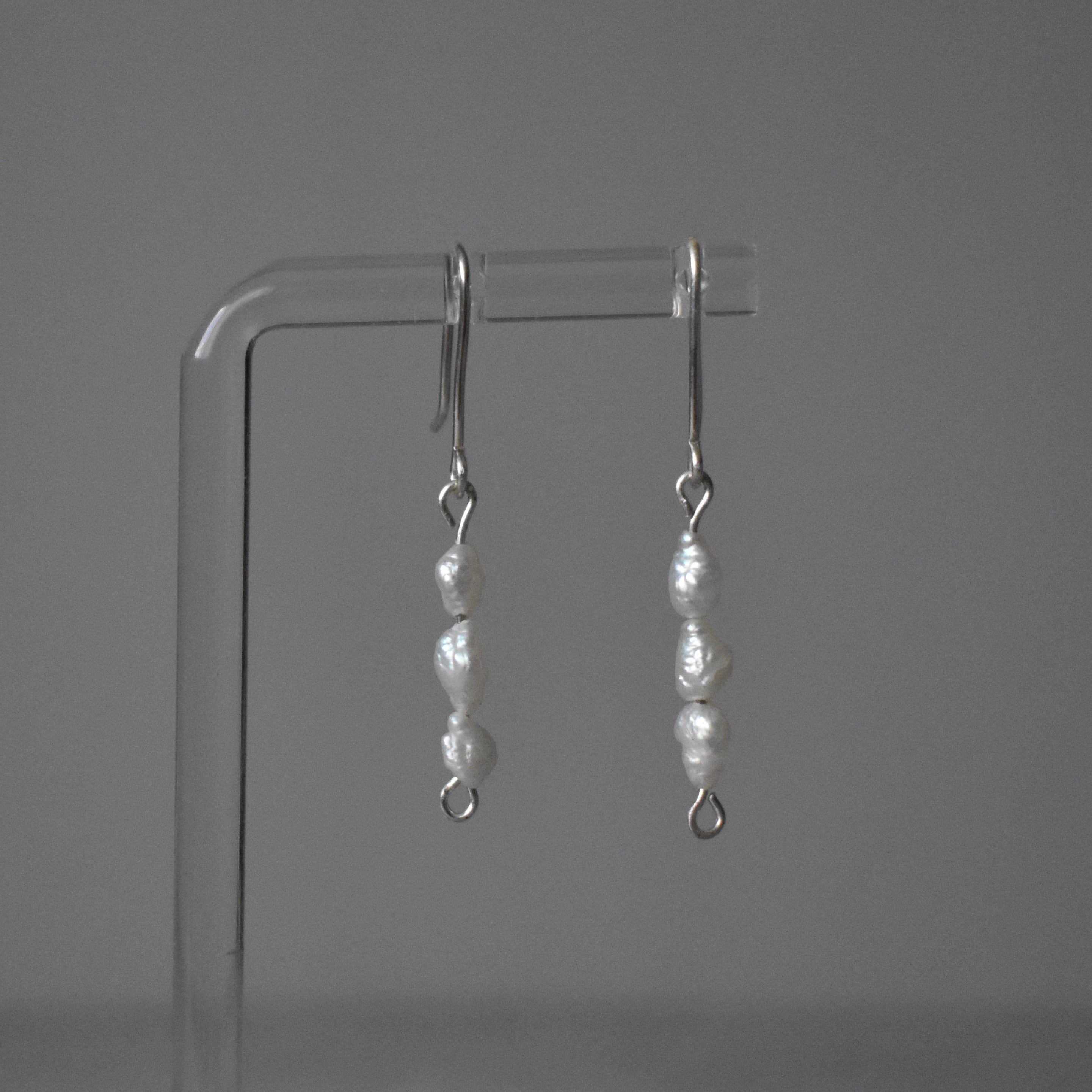 Small White Pearl Triple Drop Earrings Sterling Silver