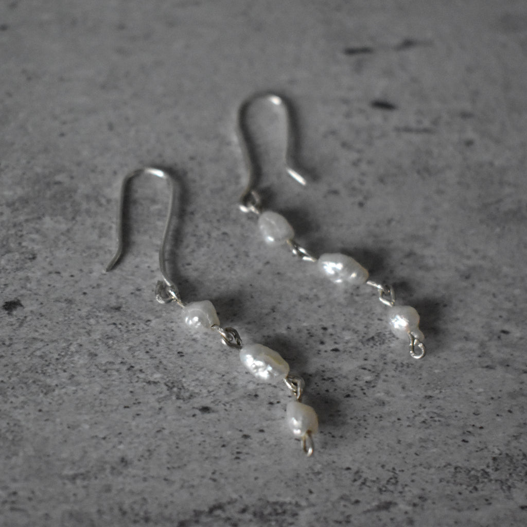 Small White Pearl Triple Dangle Earrings Sterling Silver