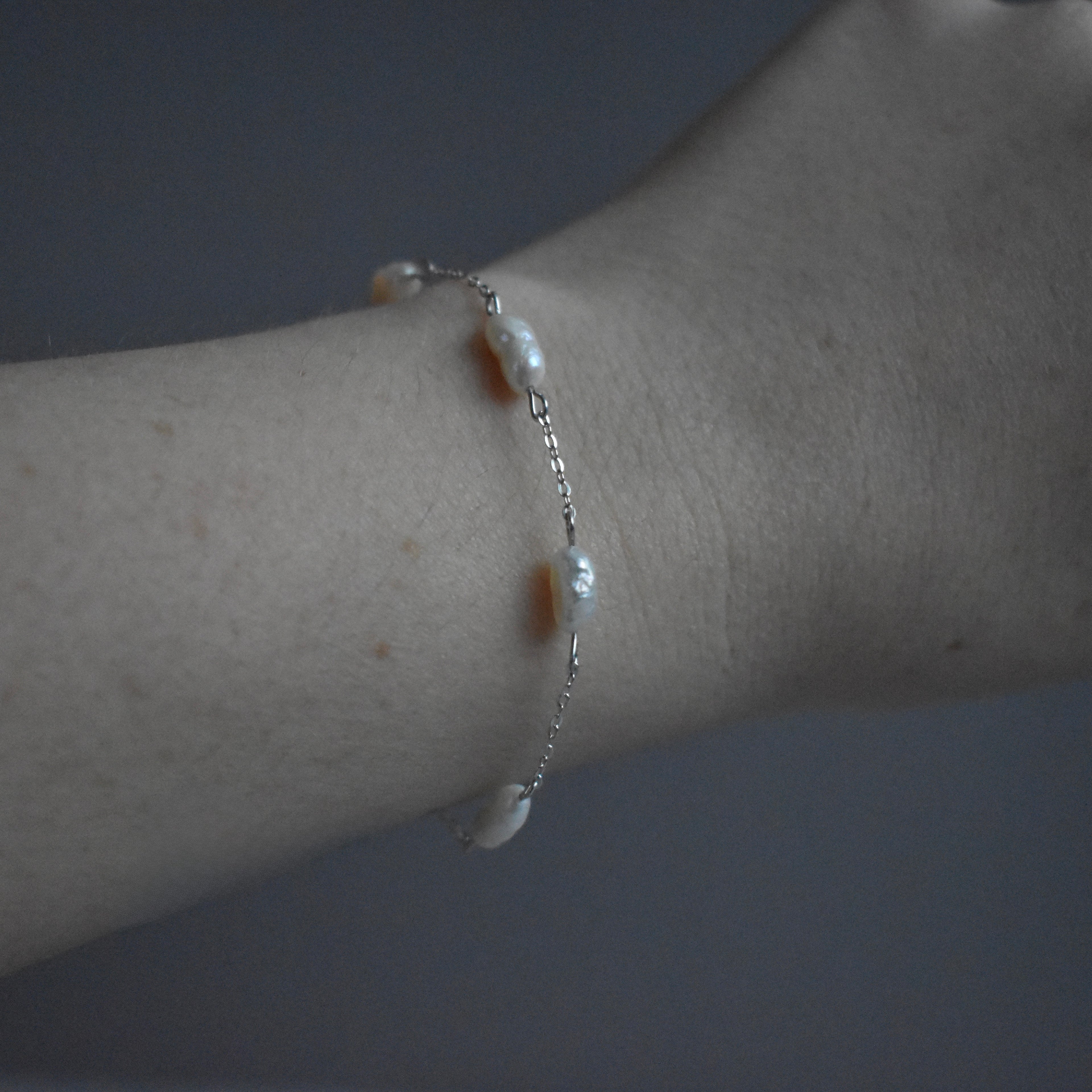 Small White Pearl Chain Bracelet Sterling Silver