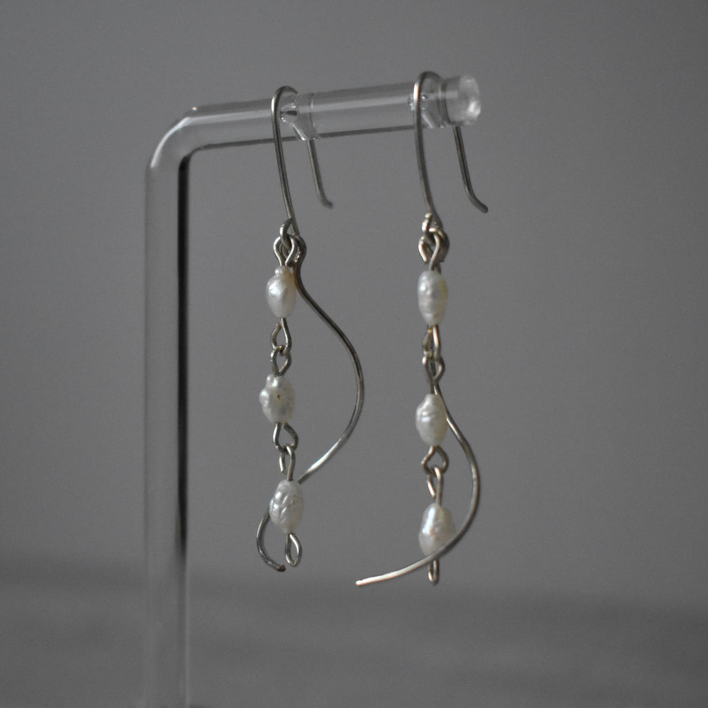 Small White Pearl Triple Cascade Sterling Silver Earrings