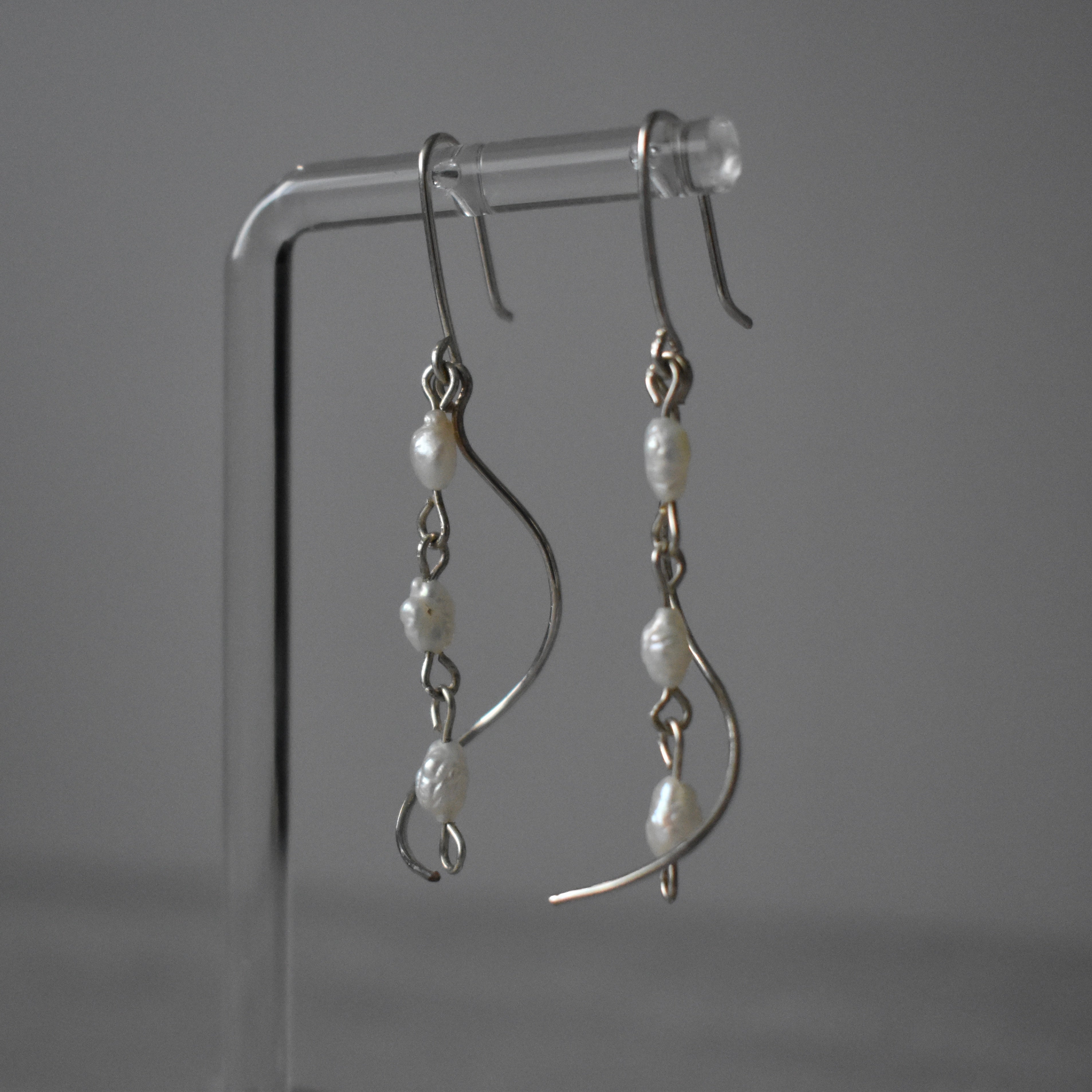 Small White Pearl Triple Cascade Sterling Silver Earrings