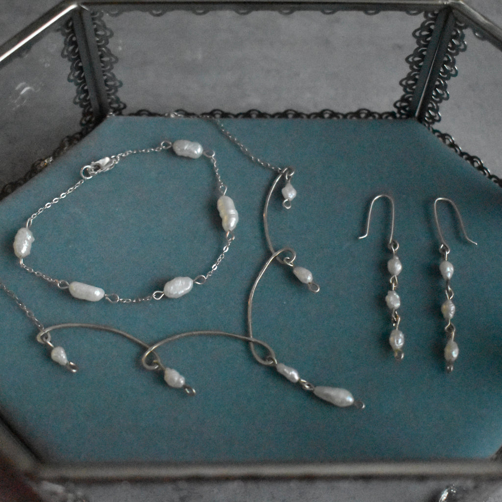Small White Pearl Sterling Silver Necklace, Earrings, and Bracelet Set