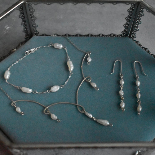 Small White Pearl Sterling Silver Necklace, Earrings, and Bracelet Set