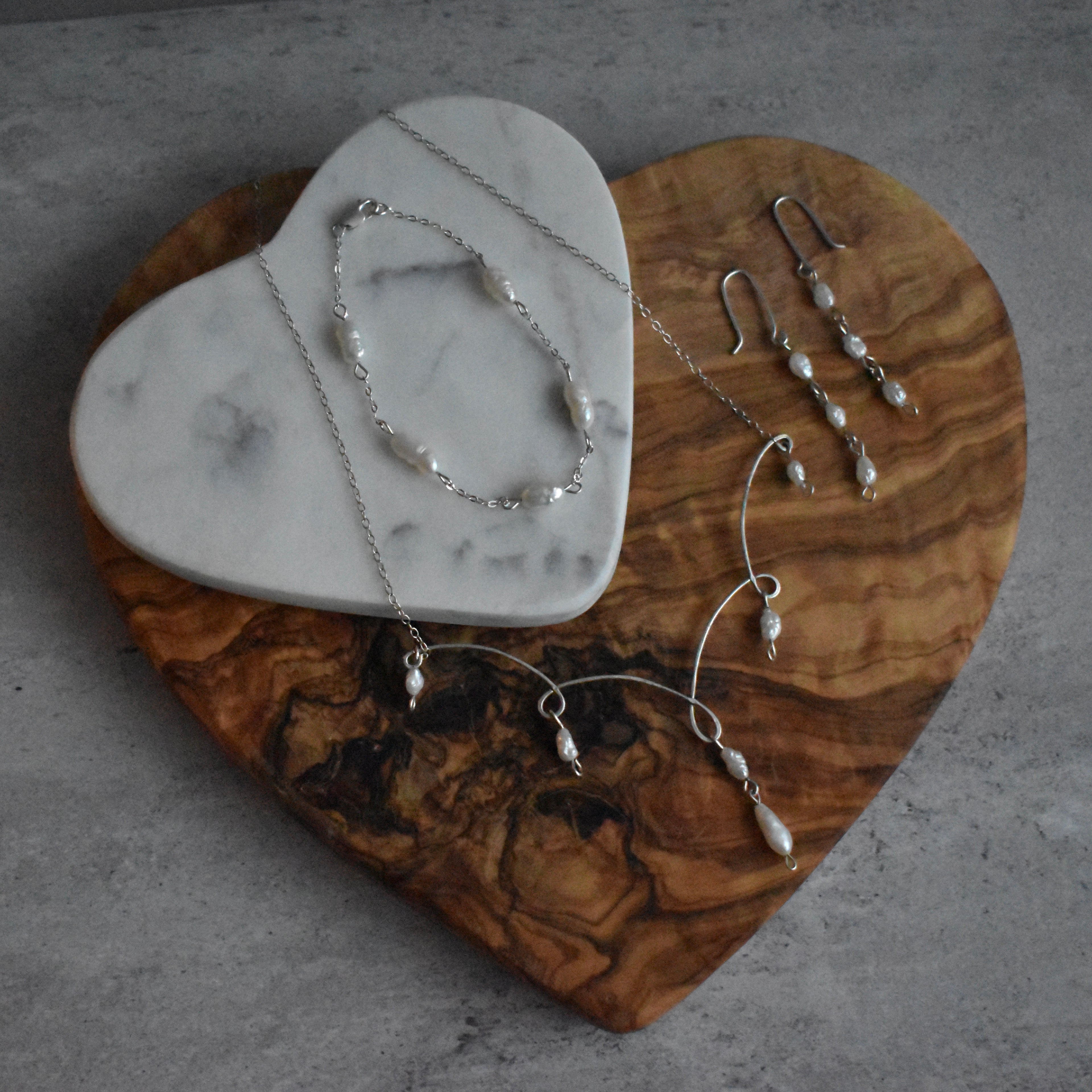 Small White Pearl Sterling Silver Necklace, Earrings, and Bracelet Set