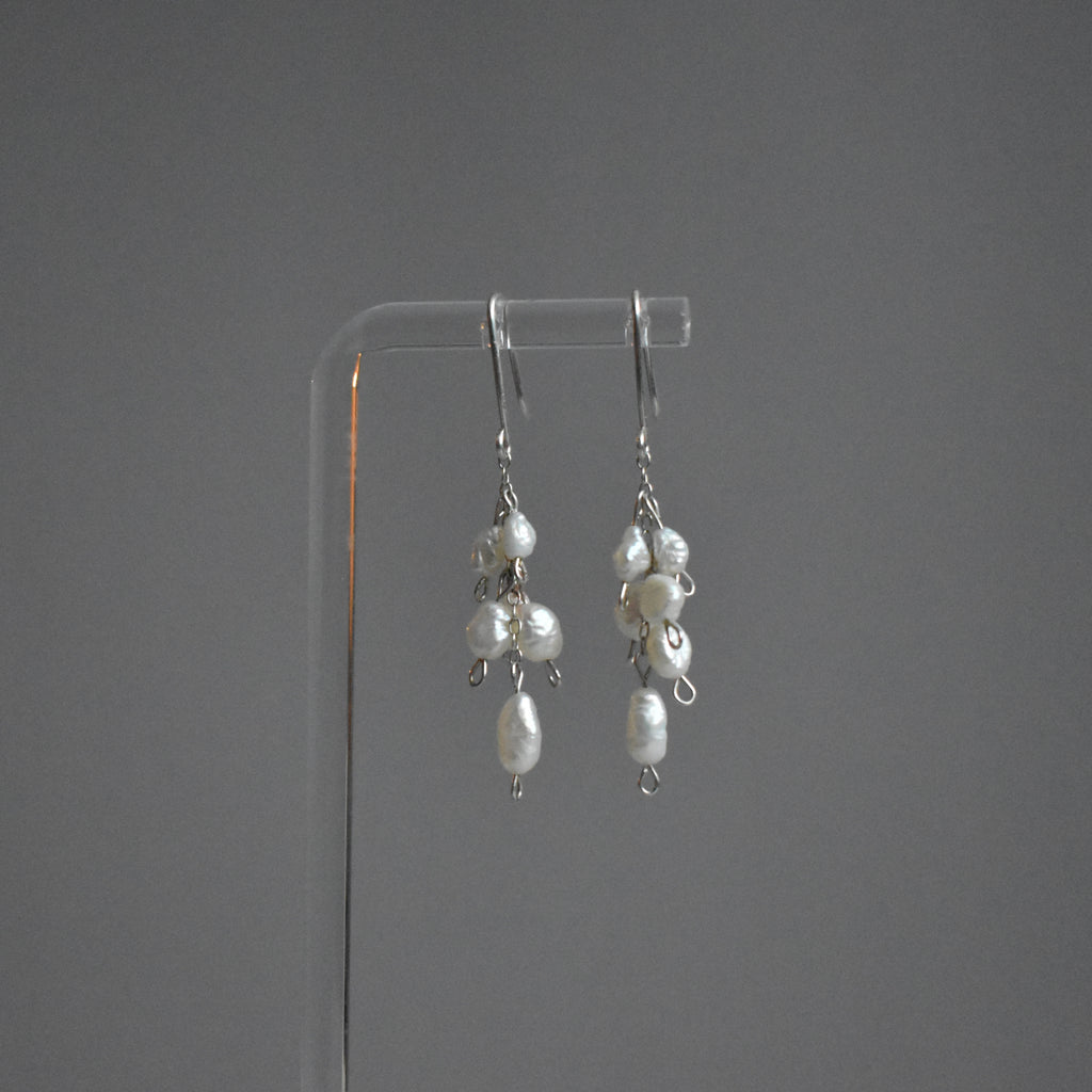 Small White Pearl Cluster Sterling Silver Earrings