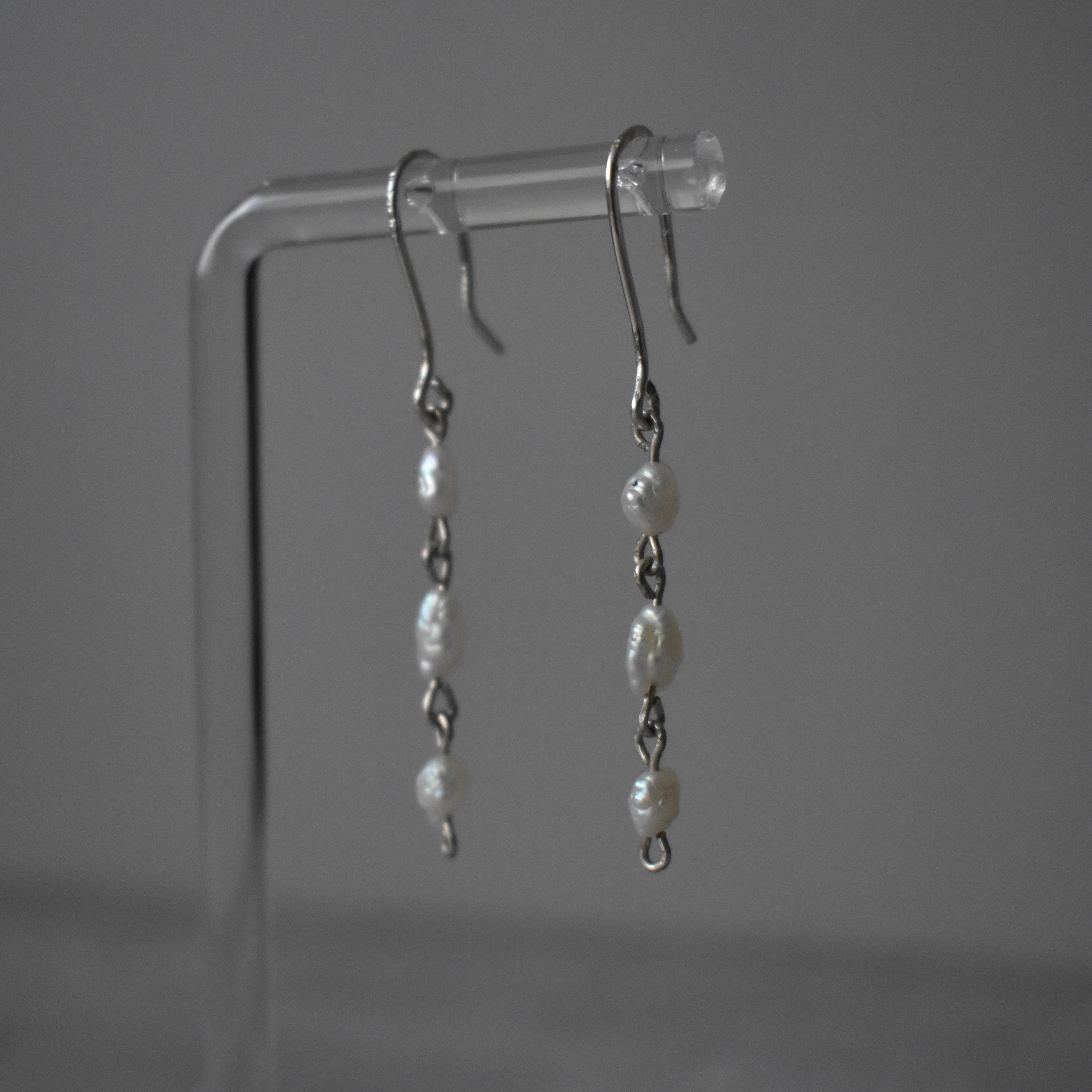 Small White Pearl Triple Dangle Earrings Sterling Silver