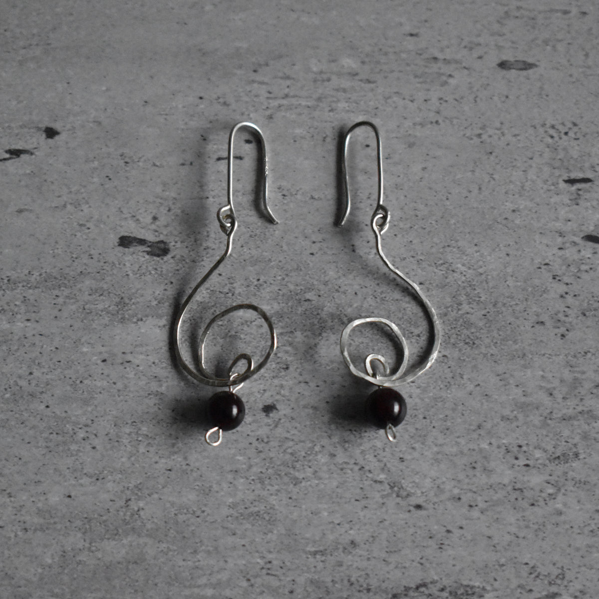 Garnet Spiral Hammered Earrings